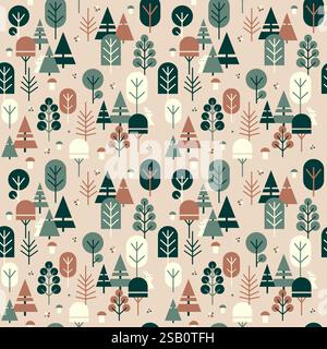 Autumn forest seamless pattern. Simple Scandinavian style collage. Flat vector cartoon illustration. Stock Vector