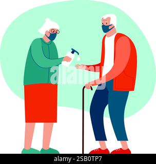 Safety measures for elderly people during coronavirus COVID-19 disease pandemic. Old couple wearing protective masks sanitizing hands.Flat vector cart Stock Vector