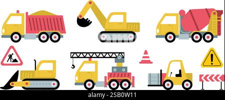 set of construction equipment. Special machines for the construction work. Forklifts, cranes, excavators, tractors, bulldozers, trucks. Special equipm Stock Vector