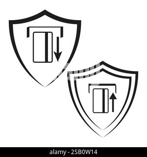 Payment card shield. Upward downward arrow. Transaction security icon. Vector protective symbol. Stock Vector