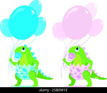 Cute baby girl and boy dinosaur characters holding colorful balloons for baby shower and gender reveal party. Cartoon style vector Stock Vector
