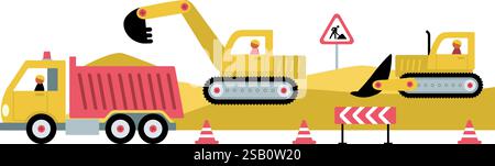 Construction site. Building process. Digger, bulldozer and dump truck at work. Flat vector illustration Stock Vector