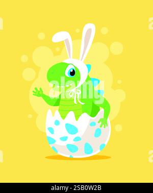 Easter card with little baby dinosaur  wearing bunny ears. Flat vector illustration Stock Vector