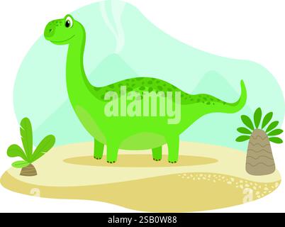 Cute Brachiosaurus dinosaur character. Prehistoric lizard, Jurassic era wildlife reptile with long neck. Cartoon style flat vector Stock Vector