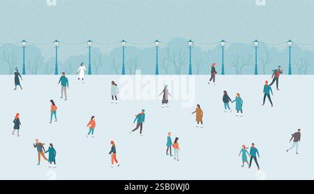 Happy people having fun on the ice rink. Winter holiday scene with active people in an outdoor park. Christmas and Happy New Year vector illustration Stock Vector
