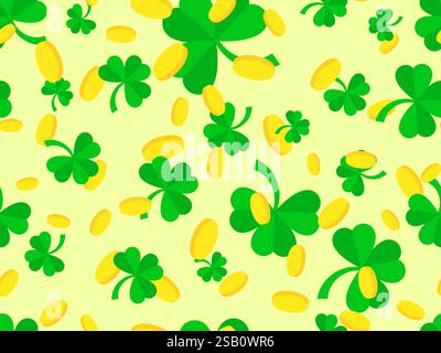 Clover leaves and golden coins seamless pattern for St. Patrick's Day. Shamrock clover is a symbol of good luck. Design for covers, wrappers Stock Vector