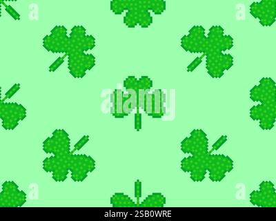 Seamless pattern with green clover leaves in pixel art style for St. Patrick's Day. Shamrock pixel art in 8-bit retro video game style from 80s - 90s. Stock Vector