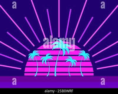 Palm trees in the style of line art in the style of the 80s. Tropical silhouettes of palm trees at sunset, purple and pink colors. Design for banners Stock Vector
