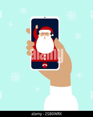 Smart phone in hand. Video call with Santa claus. Vector flat illustration Stock Vector