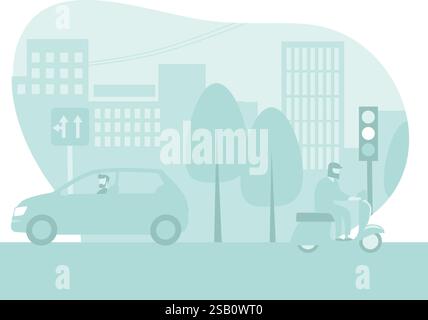 Light blue cityscape background. City buildings with trees at park view. Monochrome urban landscape with street. Modern architectural panorama in flat Stock Vector
