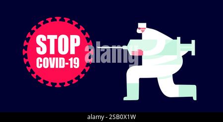 Coronavirus Vaccination Poster. Doctor holding syringe with vaccine. Vector illustration. Let's get vaccinated. Stop Covid-19. Promotion. Vector Illus Stock Vector