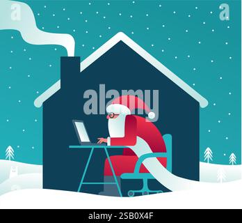 Santa Claus sitting at laptop computer in his workshop. Having video call. Online shopping. Virtual Christmas celebration at home concept. Vector illu Stock Vector