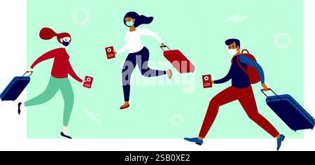 Happy people travellers with immunity passport. Covid-19 prevention. Negative PCR test for coronavirus. Tourists with luggage and vaccination passport Stock Vector