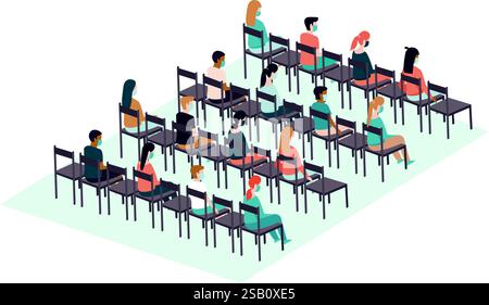 People sit on chairs apart one from another to maintain the social distance during the Covid-19 outbreak at public event. Flat vector illustration Stock Vector