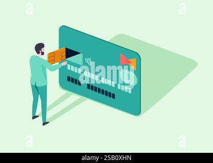Man Using Credit Card To Withdraw Money. Safe banking transaction concept. Funds. Deposit. Savings. Financial services. Flat vector illustration Stock Vector