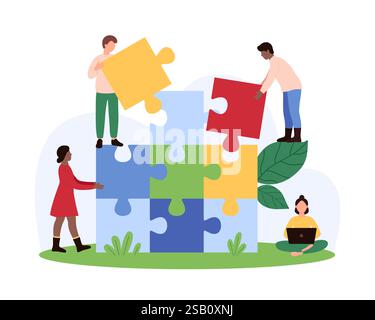 Tiny people assembling a puzzle structure representing teamwork, cooperation, and problem-solving to achieve collective goals in project development vector illustration. Stock Vector