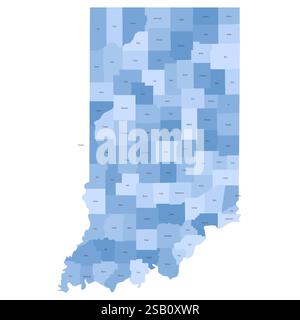 Indiana, IN - detailed political map of US state. Administrative map divided into counties. Blue map with county name labels. Vector illustration Stock Vector
