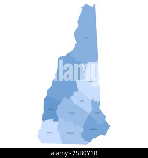 New Hampshire, NH - detailed political map of US state. Administrative map divided into counties. Blue map with county name labels. Vector illustration Stock Vector