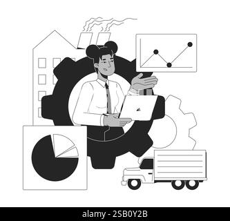 Black woman analyzing industrial and logistics data black and white 2D illustration concept Stock Vector