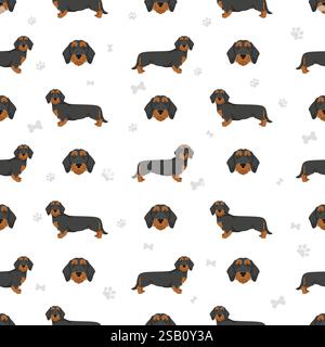 Dachshund wire haired dog seamless pattern. Different coat colors set.  Vector illustration Stock Vector
