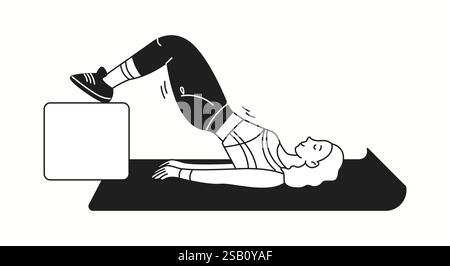 Woman athlete performs bridge exercise using box linear icon. Lady engages in fitness workout on mat doodle character doodle thin line illustration Stock Vector