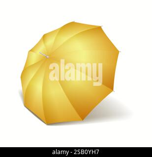 Classic yellow cane umbrella casting soft shadow realistic vector illustration. Bright cover from rain and sunshine 3d object on white background Stock Vector