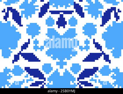 Gzhel pattern pixel art. 8 bit background national and traditional Stock Vector