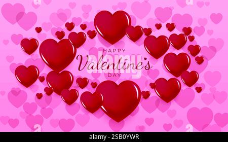 Valentines Day banner with red hearts surrounded with valentines day, pink background, celebration bright backdrop, gift packaging, greetings cards. Stock Vector