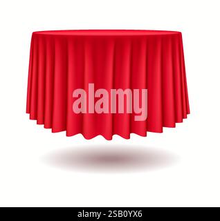 Round table with red tablecloth realistic vector illustration. Ceremonial dining event celebrations podium 3d object on white background Stock Vector