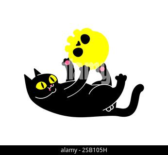 Cat plays with skull. Cat and skeleton head. Stock Vector