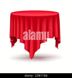 Round table covered with luxurious red silk cloth realistic vector illustration. Presentation of products classic stage 3d object on white Stock Vector