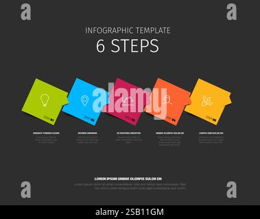 Dark infographic template features six colorful steps with icons and descriptions. Ideal for representing processes or workflows, each step is uniquel Stock Vector