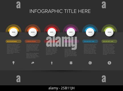 A colorful timeline infographic on a black background, highlighting key milestones. Sections with vibrant colors for visual emphasis are included. Stock Vector
