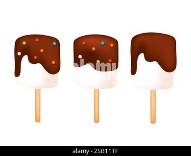Marshmallow lollipops with chocolate and confetti arranged on wooden sticks. Yummy candy. Sweet tasty dessert, sugar food. Vector illustration isolate Stock Vector