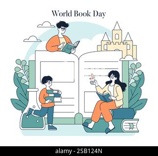 World Book Day celebration. A scene highlighting the joy of reading with children and adults immersed in books. Elements include open books, nature, and a whimsical castle, representing imagination and learning. Vector illustration. Stock Vector