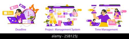 Time Management illustration presents effective strategies for productivity and organization. Focus on deadlines, project management techniques, and efficient use of hours for better task completion. Vector illustration. Stock Vector