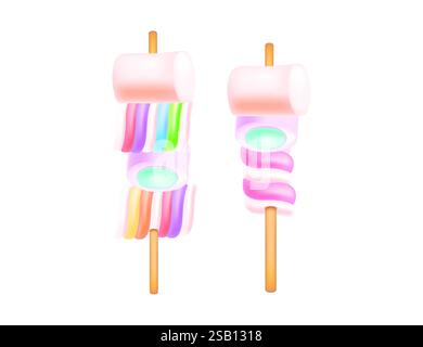 Marshmallow lollipops in multicolor, arranged on wooden sticks. Yummy candy. Sweet tasty dessert, sugar food. Vector illustration isolated on white ba Stock Vector