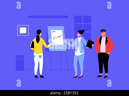 Business team analyzing positive financial growth data on a flip chart, colleagues collaborating during a presentation in a modern office, teamwork an Stock Vector
