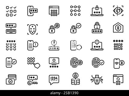 Set of password and security line icons illustrating various user authentication methods like typing passwords, using pin codes, and biometric scans, Stock Vector
