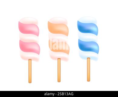 Marshmallow lollipops in pink, blue, and orange, arranged on wooden sticks. Yummy candy. Sweet tasty dessert, sugar food. Vector illustration isolated Stock Vector