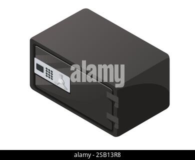 Isometric sleek black lockbox with a digital keypad on the front. Modern, compact and secure. Rectangular shape with sharp edges. Smooth dark surface. Stock Vector