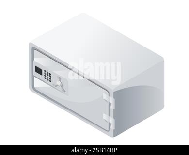 Isometric security safe with an electronic keypad. Light-colored metallic surface. Secure storage. Minimalistic modern lockbox design. Vector illustra Stock Vector