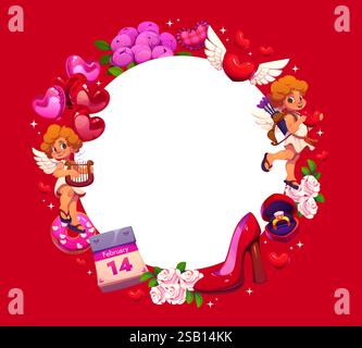 Valentines day holiday greeting frame. Cartoon vector charming circular border with cherub playing harp, hearts, balloons, roses, donut and woman shoe on red background. Template for love celebrations Stock Vector