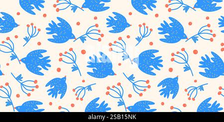 Seamless pattern with hand-drawn birds and tree branches. Pigeons and rowan berries vector pattern. Retro ornament in Scandinavian style. Stock Vector