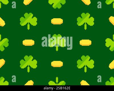 Pixel clover leaves and golden coins seamless pattern for St. Patrick's Day. Shamrock pixel art in 8-bit retro style from 80s - 90s. Design for banner Stock Vector
