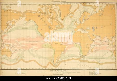 Wissenschaftliche Ergebnisse der Deutschen Tiefsee-Expedition auf dem Dampfer 'Valdivia'1898-1899, Jena, G. Fischer, 1902-40. Deutsche Tiefsee-Expedition 1898-1899 Marine Animals Scientific Expeditions Valdivia Ship Voyages around the World Pteropoda Sea Snails Sea Slugs, A detailed map displaying ocean currents and water flow patterns across the globe, with different regions illustrated in various colors to indicate the strength and direction of currents. Prominent features include labeled oceanic zones such as the Pacific and Atlantic Oceans, along with notable currents like the Gulf Stream. Stock Photo
