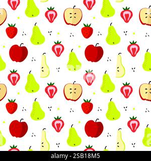Seamless pattern of fruits including pears, apples, and strawberries with seeds and flowers. Stock Vector