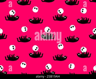 Cat plays with skull pattern seamless. Cat and skeleton head background. Stock Vector