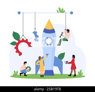 Tiny people assembling a rocket with gears and tools, illustrating teamwork, innovation, and technical preparation for a successful launch vector illustration. Stock Vector