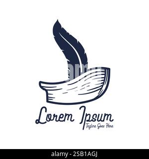 Vintage Retro Quill Feather with Wooden Ship Boat Illustration Logo Design Vector Stock Vector